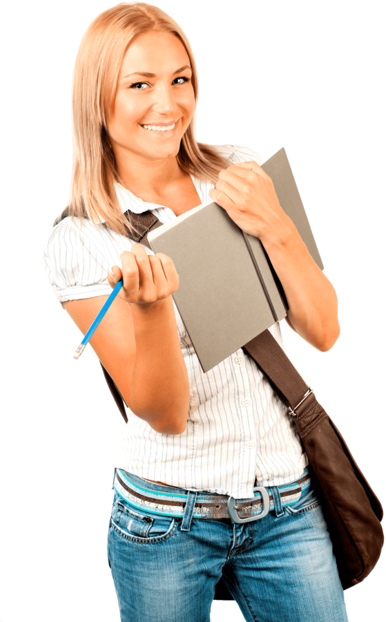 A white blonde smiling woman in a white blouse and blue jeans with a shoulder bag holding a notebook and a blue pencil.