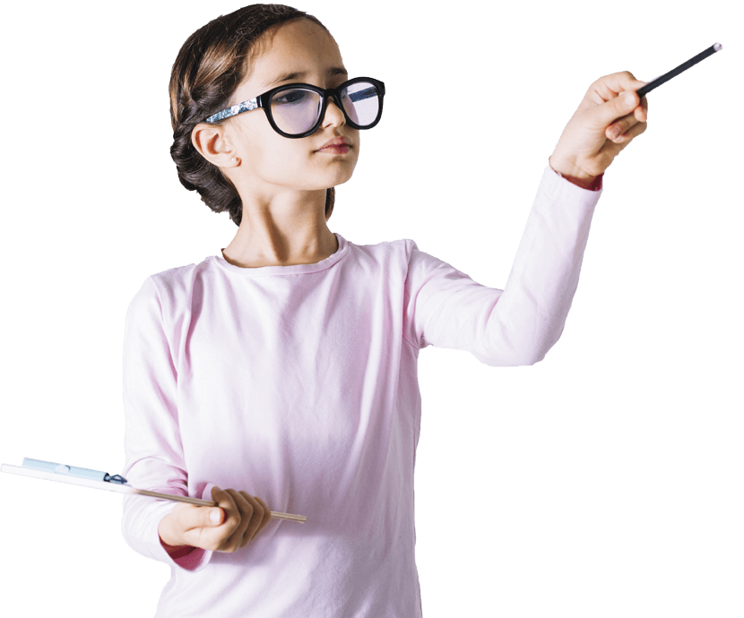 A black girl in big glasses in a pink sweater holding a clipboard in one hand and a black pencil in another. Adorable.