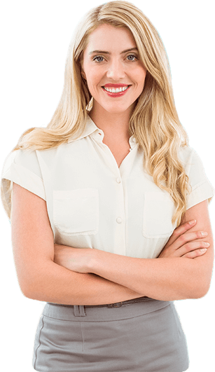 A white blonde smiling woman in a white blouse and gray skirt with arms crossed on her chest