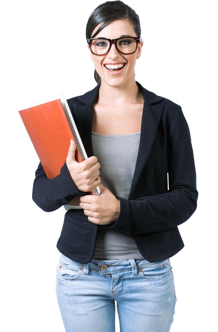 A black-haired smiling woman in a black jacket, gray shirt, blue jeans, in square glasses holding white and red notebook.